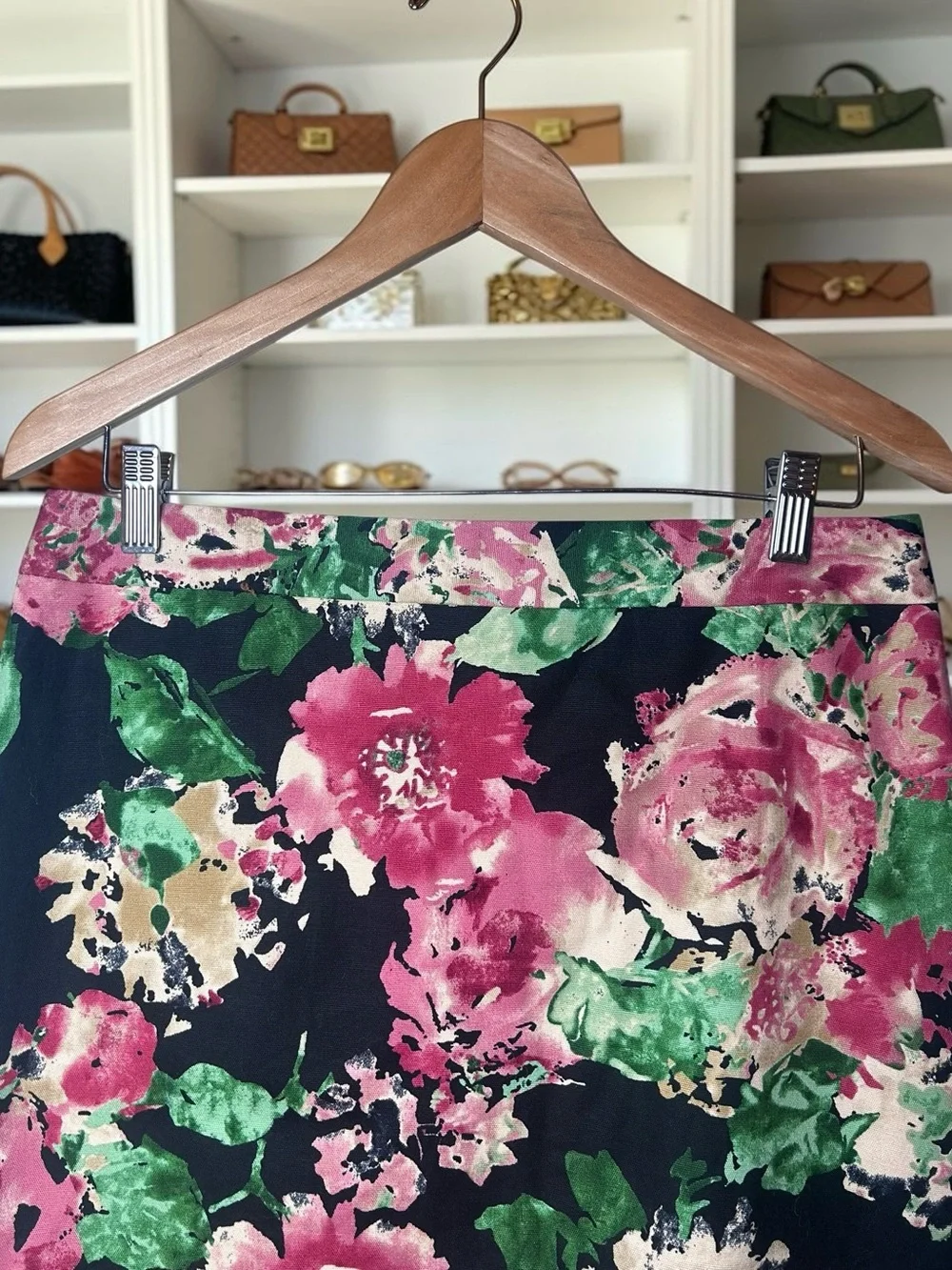 Talbots Floral Pencil Skirt Size 8 Navy Pink Green Career Garden Party